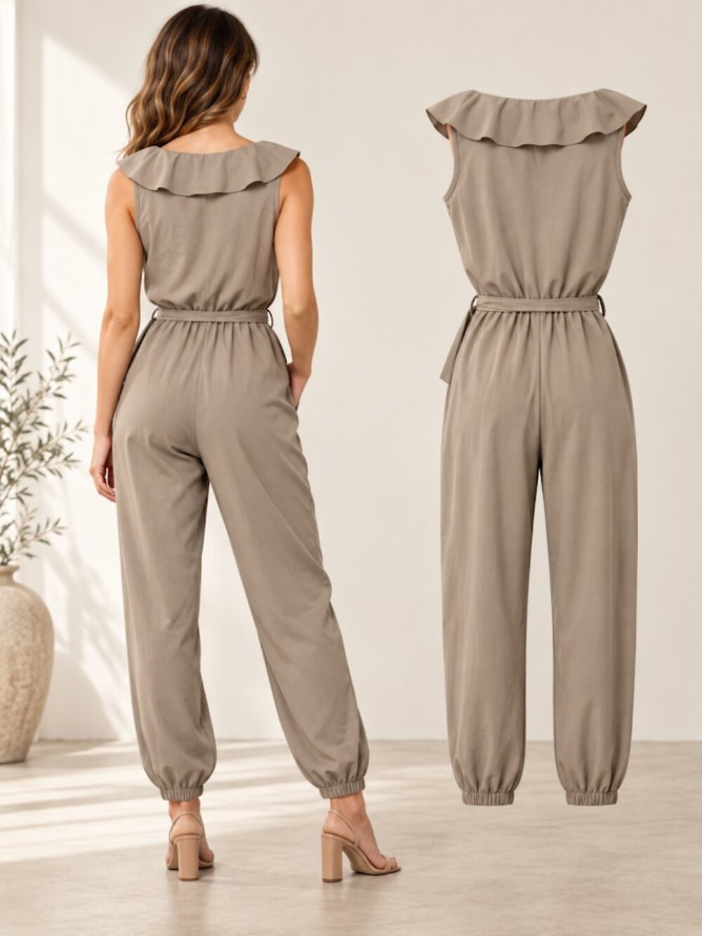 The Hanger Taupe Ruffle Front Tie-Waist Jogger Jumpsuit Size Large - Picture 3 of 4